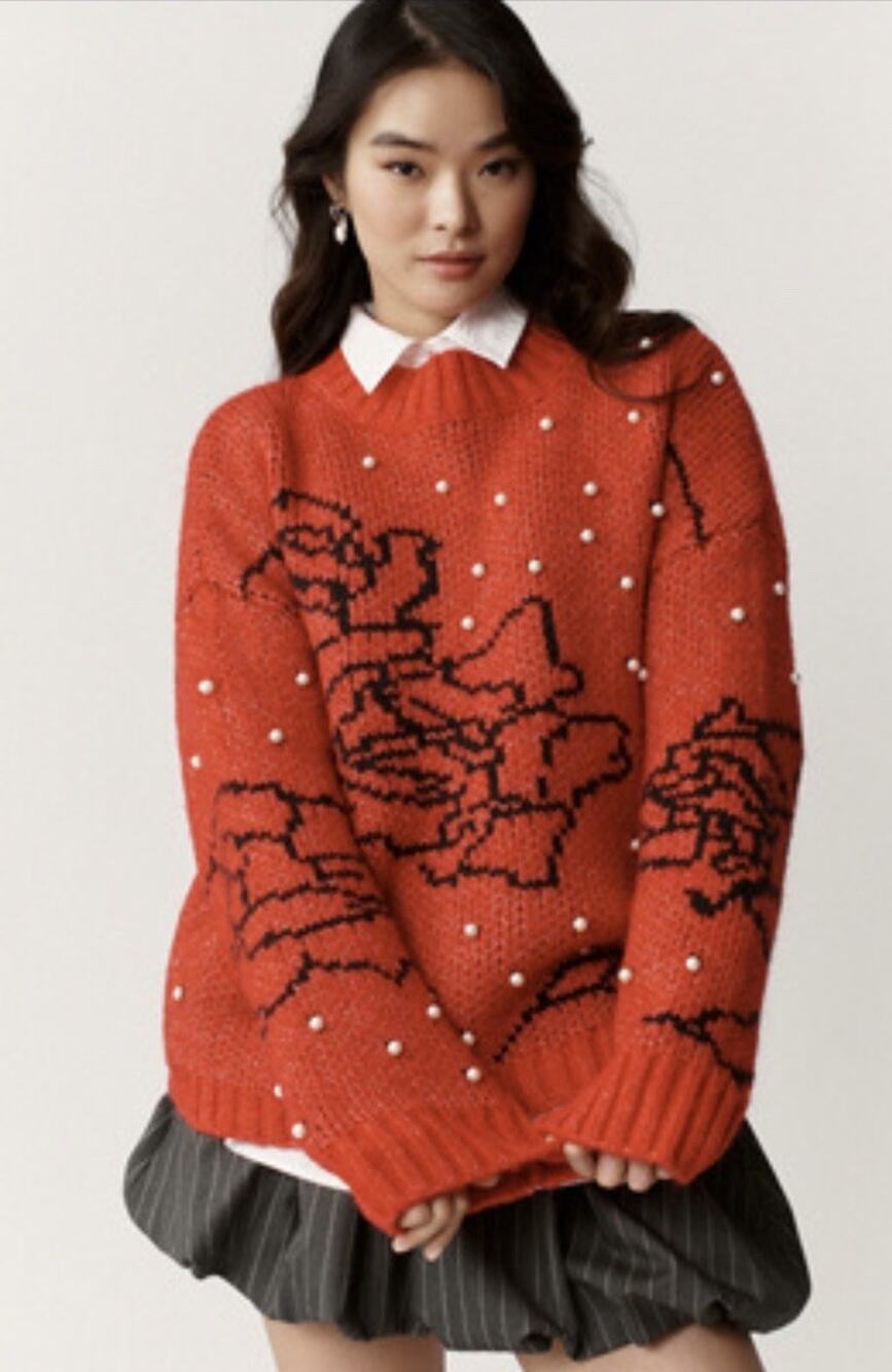 Lisa Says Gah Pearl & Floral Knit Sweater Women’s Medium/Large Red Anthropologie